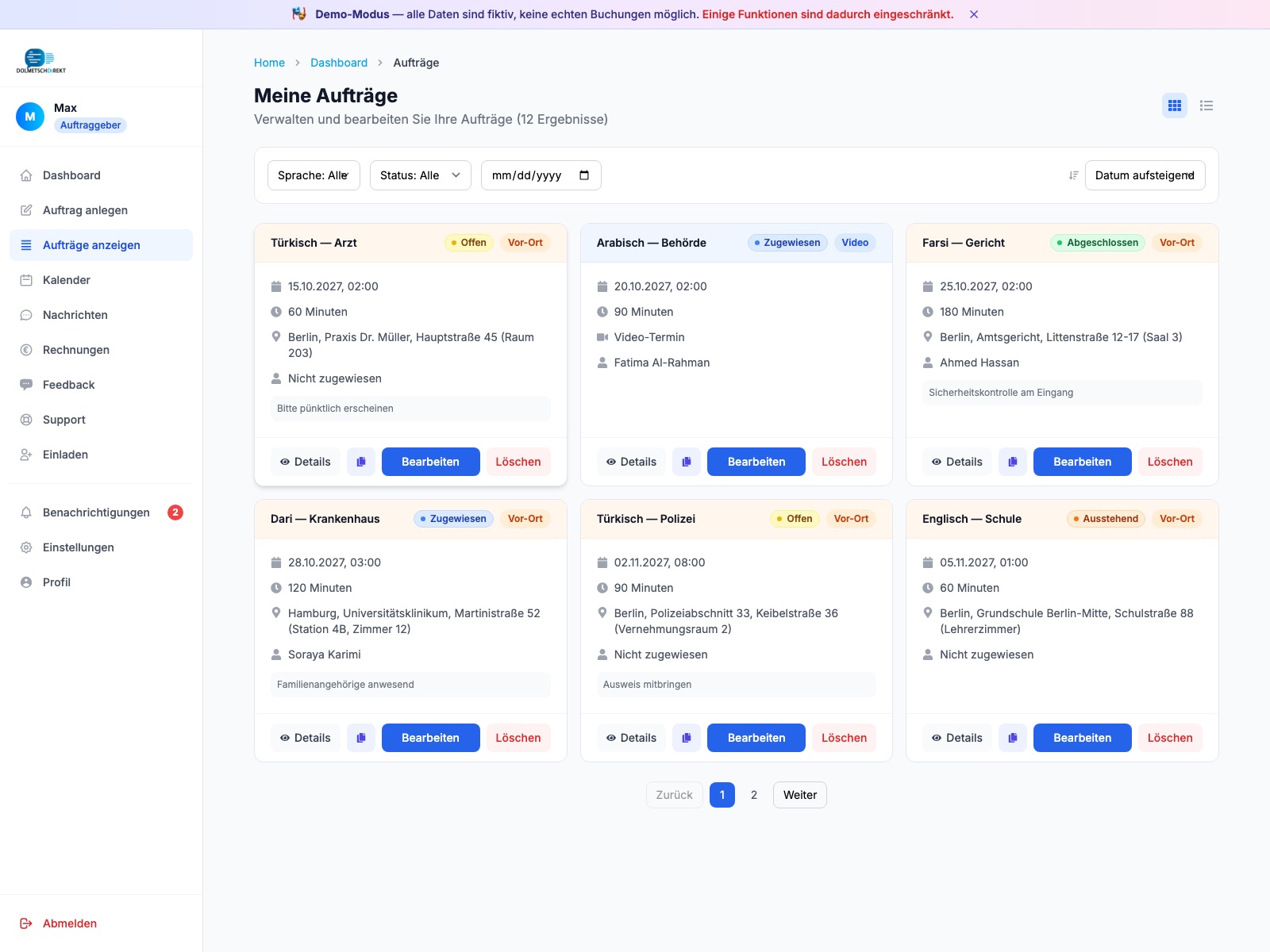DolmetschDirekt, Auftragsübersicht im Dashboard